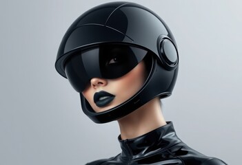 Futuristic woman in sleek black attire and helmet poses against a minimalist background, exuding confidence and style in a modern world