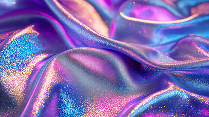 Smooth flowing fabric with holographic sheen, abstract liquid texture, luminous neon hues