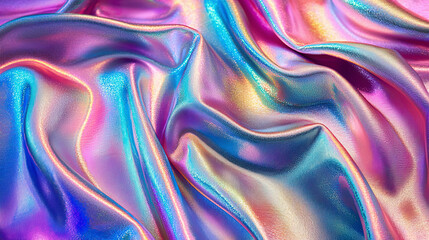 Smooth flowing fabric with holographic sheen, abstract liquid texture, luminous neon hues