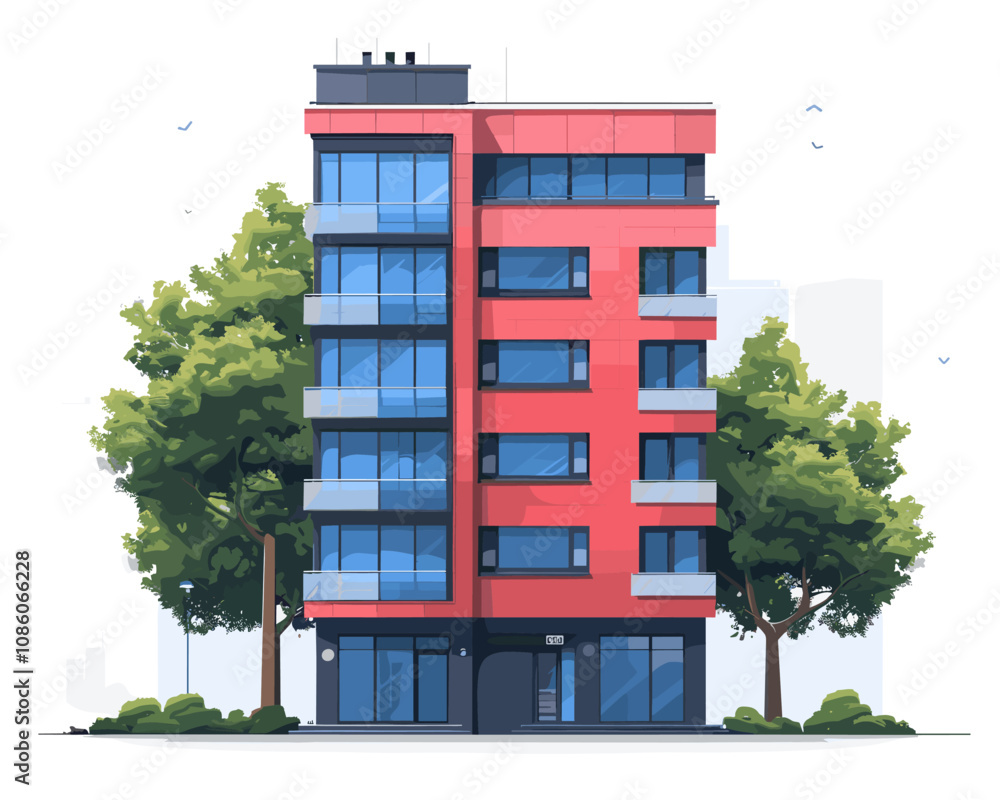 Poster tall red building with a green tree in front of it. the building has many windows and a balcony
