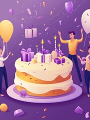Happy people with gifts celebrating birthday at huge cake. Birthday party supplies, birthday party Invitations, birthday planning concept. Website vibrant violet landing web page template.