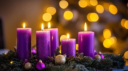 Purple Advent Wreath with Candles and Ornaments