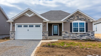 New Construction, Grey Siding, Stone Facade, One-Car Garage, Ranch Style Home, Cottage, Neighborhood