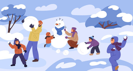 Happy family winter games. Funny parents with children make snowman and play snowballs. Outdoor snow activities. Cold season leisure. People walking in nature park. Garish vector concept