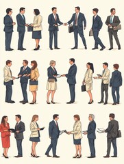 Obraz premium Linear vector illustration set of negotiating business people. Diverse men and women at business meetings, conclude an agreement, agree on cooperation, negotiate, shake hands, sell goods and services