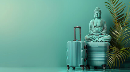 Buddha figurine on modern blue luggage, palm on background. Green background. Copy space