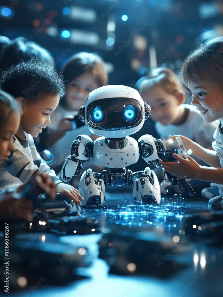 Aufkleber multicultural happy diverse schoolchildren learning using gadgets and building robots on software ro