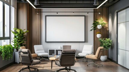 Fototapeta premium Modern office interior with a blank white canvas frame on the wall, furniture, and decorative plants