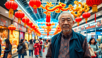 Obraz premium Elderly mature man in stylish clothes with festive mood among decorated modern shopping mall in honor of Chinese New Year. Preparing and buying gifts for the holiday.