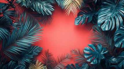 A vibrant tropical foliage frame surrounding a coral backdrop.