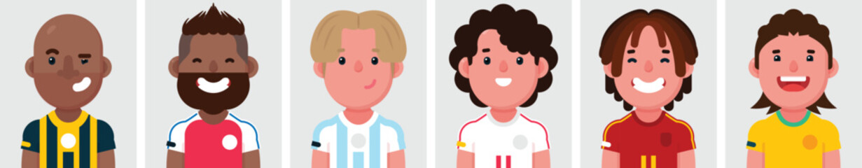 Set of flat portraits of football team. Collection of colored cartoon characters sport athlete soccer man, profiles picture, vector illustration. © Flat