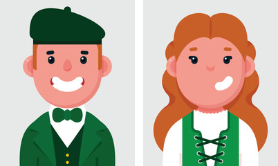 Set of flat portraits of irlandais people. Collection of colored cartoon characters woman and man wearing Traditional dress of Ireland, profile picture, vector illustration.
