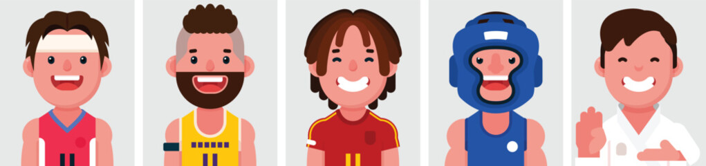 Set of flat portraits of sport men. Collection of colored cartoon characters athlete men, profiles picture, Football, Basketball, Volleyball, Boxing, Karate, vector illustration.