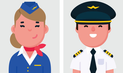 Set of flat portraits of Pilot and flight attendant. Collection of colored cartoon characters woman and man, profile picture, vector illustration.