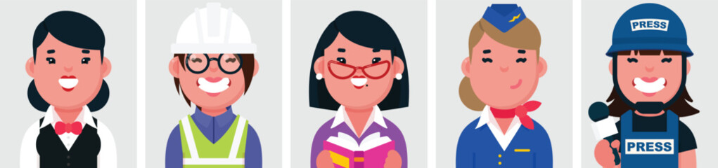 Set of flat portraits of Women's professions. Collection of colored cartoon characters women, profiles picture, Flight Attendant, Waitress, Engineer, Teacher, News Reporter, vector illustration.