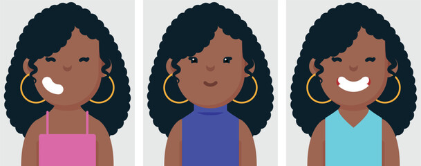 Set of flat portraits of happy black woman with Curly hair. Collection of colored cartoon character elegant girl in different poses and outfits, profiles pictures, vector illustration.