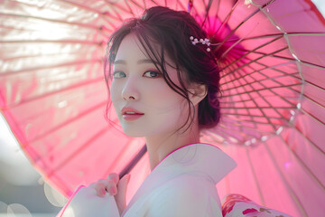 portrait of a woman with umbrella in the street