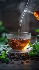 Black tea pouring into transparent cup with loose leaves and mint