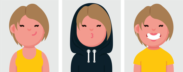Set of flat portraits of happy blond woman wearing Hoodie. Collection of colored cartoon character woman in different poses and outfits, profiles pictures, vector illustration.