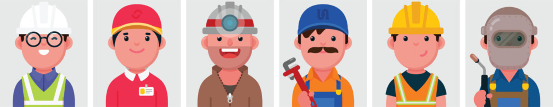 Set of flat portraits of Professions people. Collection of colored cartoon male characters, Engineer, Post Boy, Miner, Plumber, Mason, Welder, vector illustration.