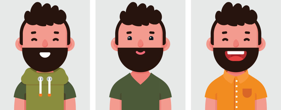 Set of flat portraits of Happy man, Collection of colored cartoon character man with beard in different poses and outfits, profiles pictures, vector illustration.