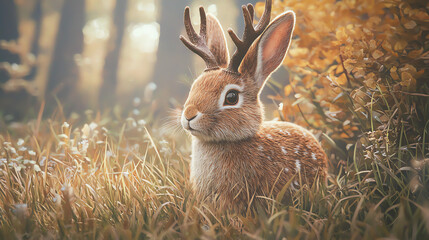 Obraz premium A gentle rabbit with deer antlers peacefully resting among golden autumn foliage in a serene forest setting