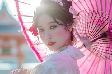 Beautiful Japanese woman wearing a white traditional drss and wearing a pink umbrella