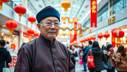 Elderly mature man in stylish clothes with festive mood among decorated modern shopping mall in honor of Chinese New Year. Preparing and buying gifts for the holiday.