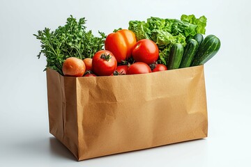 Paper bag overflowing with colorful vegetables.