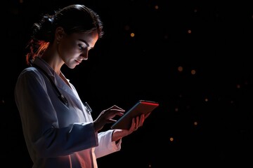 A doctor in a white coat is intently using a tablet, illuminated by soft light, in a clinical environment with a dark backdrop. Generative AI