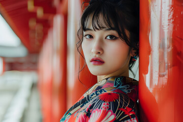 Beautiful Japanese woman posing in a kimono.