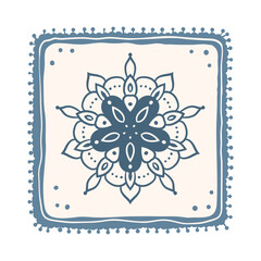 Square tile with flower folk ornament and retro frame. Vector hand drawn illustration isolated on white background.