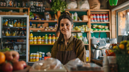 Smiling Indian woman wearing a white shirt is in the minimarket