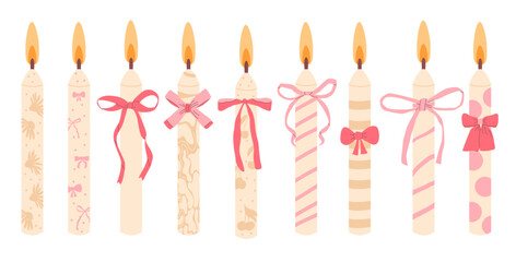 Birthday cake candles with bow set. Vector flat illustration collection isolated on white background.