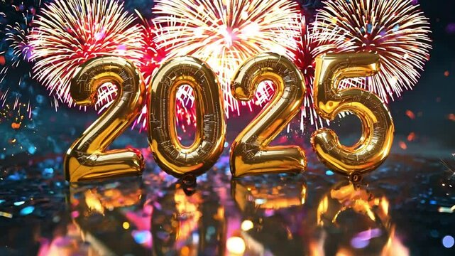A festive display featuring the year 2025 in shiny balloons with colorful confetti.