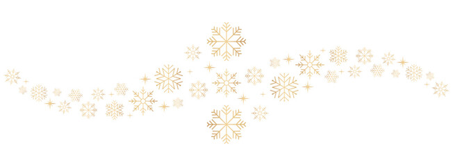 Gold snow wave isolated on transparent background. Christmas card. New year banner with golden color gradient snowflakes.  Vector illustration.