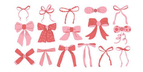 Bows coquette set. pink and red vector girly ribbons collection. Delicate romantic beauty elements. Illustration isolated on white background.