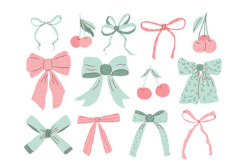 Bow and cherry coquette set. Vector girly ribbons collection. Balletcore aesthetic bowknots. Romantic preppy accessories illustration isolated on white background.