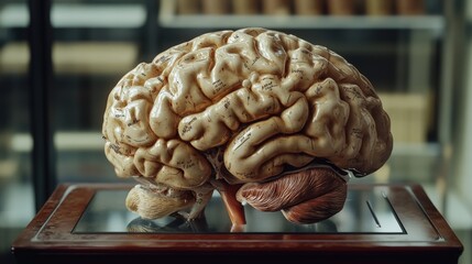 Close-up of a 3D brain model with detailed annotations of cerebellum, thalamus, and brainstem, emphasizing surface texture and educational labels in a professional laboratory environment.