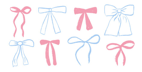 Crayon bow. Coquette ribbons collection for gift decoration. Blue and pink bowknots set. Vector pack illustration isolated on white background.