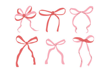 Bow coquette set. Vector gift packaging ribbons collection. Doodle decoration pack for holiday design. Wrap romantic accessories illustration isolated on white background.