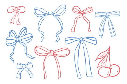 Crayon bow red and blue patriotic colors. Pencil drawing ribbons with bands. Line doodle style vector illustration set isolated on white background.