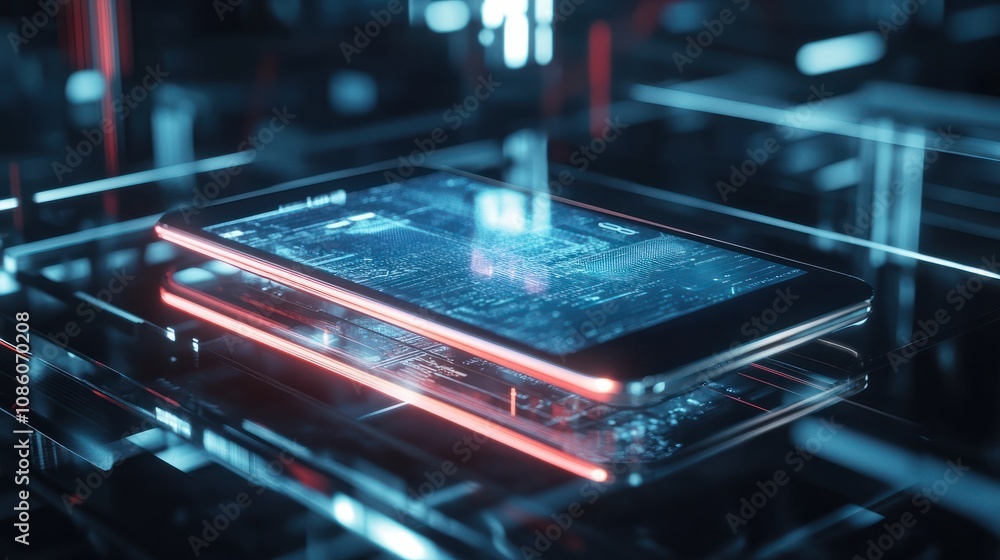 Poster smartphone with digital screen hologram. composition smart object and smart technology design. graph
