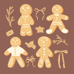 Gingerbread men cookies set. Homemade festive baking poster. Christmas sweet dessert with frosting decor. Vector hand drawn illustration isolated on dark background.