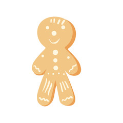Christmas gingerbread man cookie Homemade festive baking. Holiday ugly sweet dessert with frosting decor isolated on white background. Vector hand drawn illustration