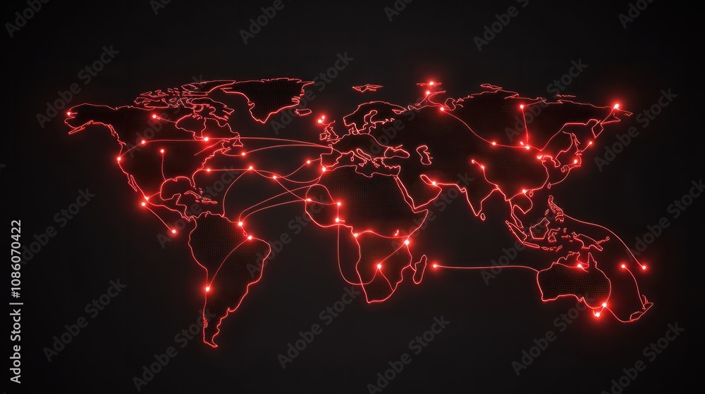 Poster social network connection concept with glowing contour lines countries and dots on dark background. 