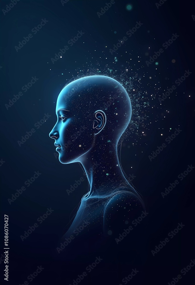 Poster this striking digital display showcases a profile of a humanoid figure, surrounded by glowing partic