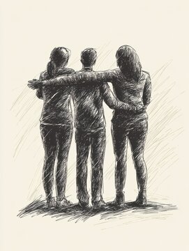 Teamwork sketch. hatching man woman people silhouette putting hand together. Teamwork community and cooperation, partnership and friendship doddle sketch. Team spirit illustration