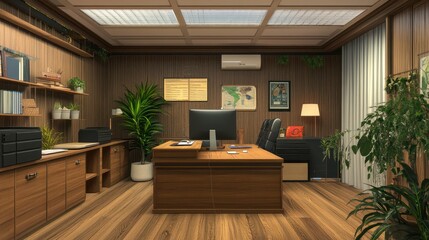 Unfinished project of country style coworking office interior. 3D Rendering