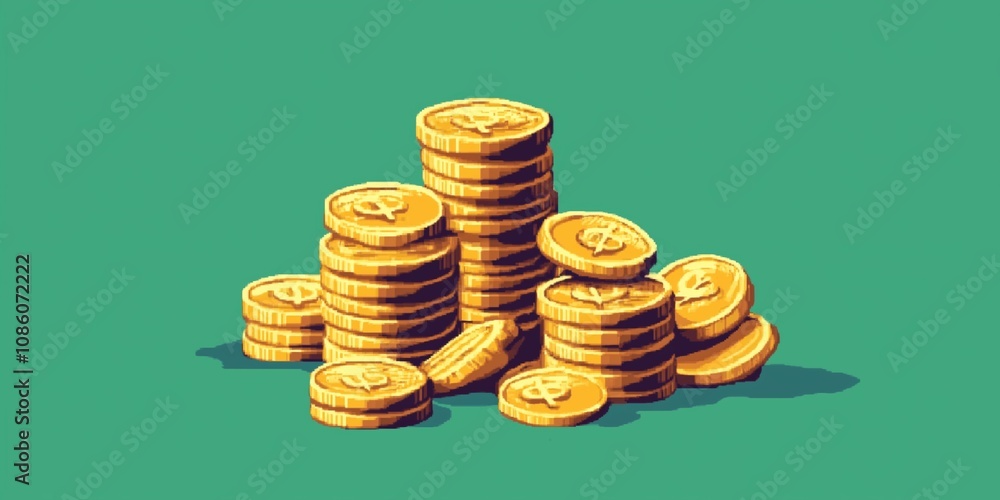 Poster a pile of gold coins with the number 1 on them. the coins are stacked on top of each other, creating